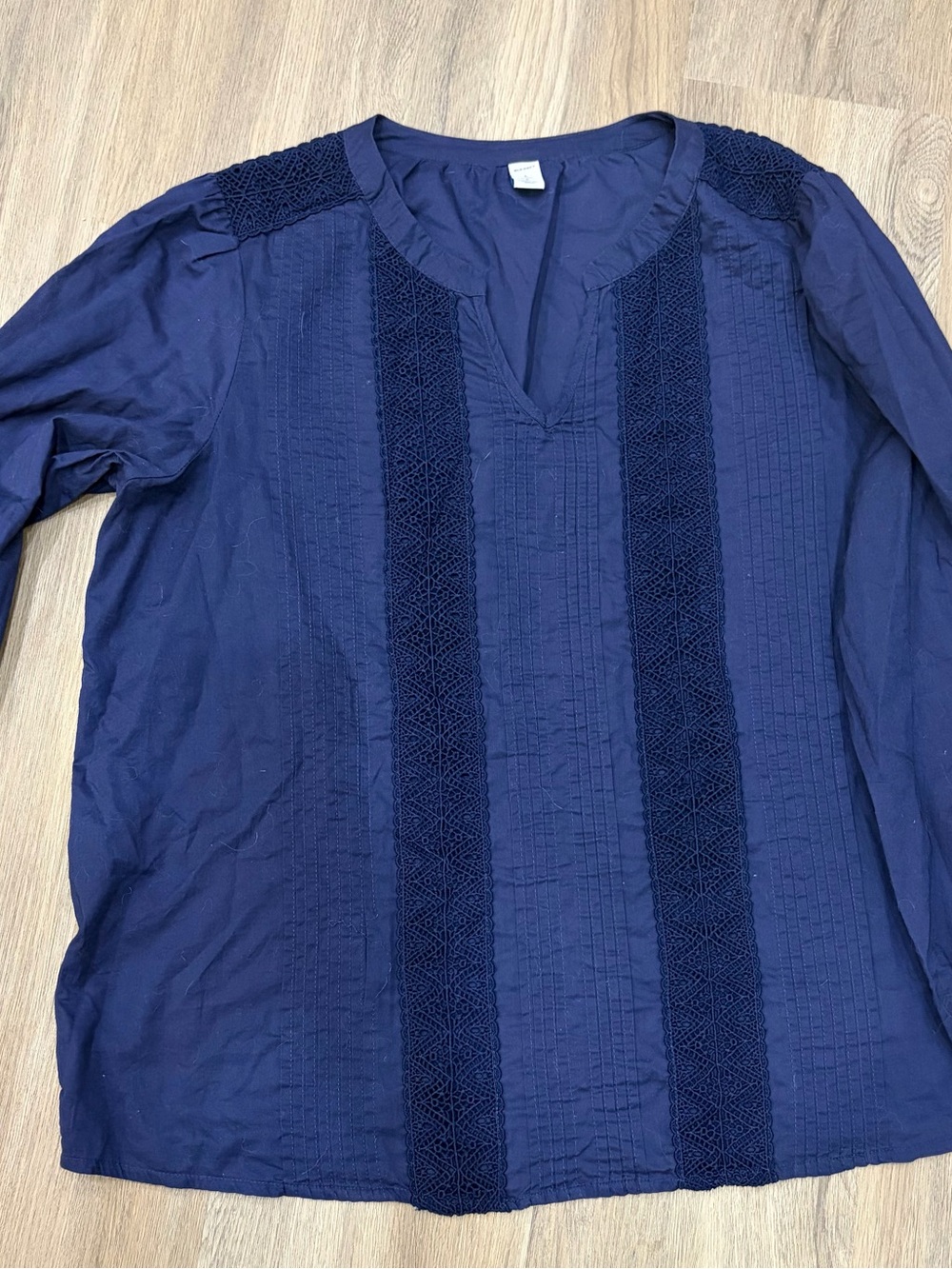 Navy Blue Long Sleeve V-Neck Tunic with Lace Trim cotton
